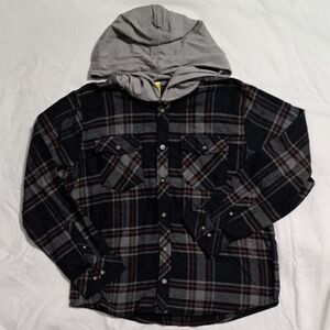 RSQ Black and Gray Plaid Hooded Flannel Shirt with Rust Accent
